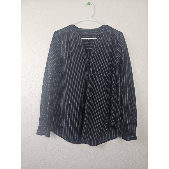 Ann Taylor Black White Striped V-Neck Long Sleeve Blouse Small - Picture 1 of 6